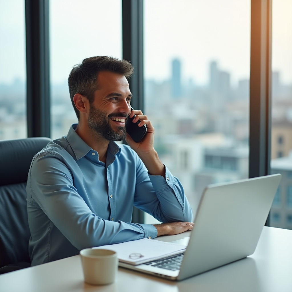 Persona che partecipa a un primo confronto informativo telefonico in ufficio luminoso