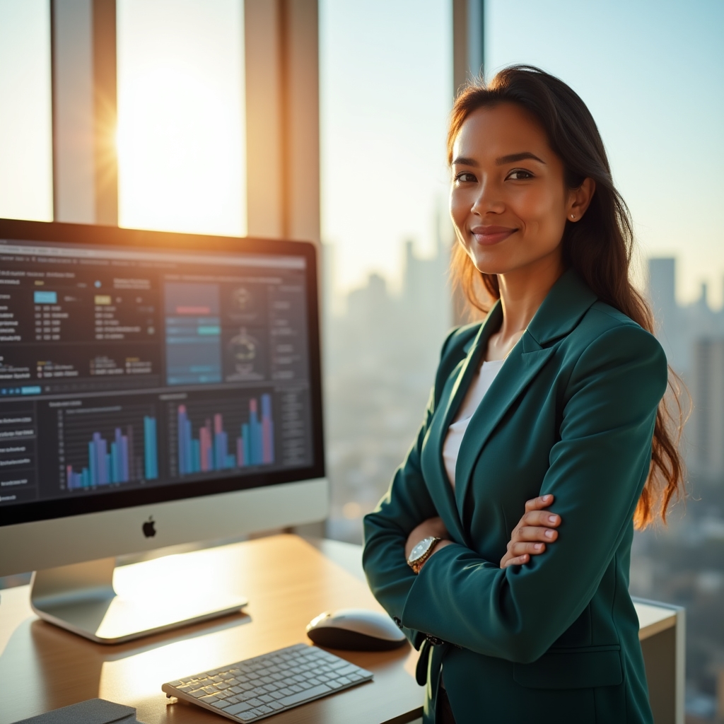 Manager osserva una dashboard di dati in un ufficio luminoso